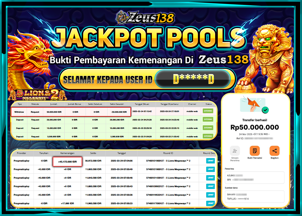 ZEUS138 JACKPOT 5 LIONS MEGAWAYS ™ 2 Rp.50.000.000,- LUNAS