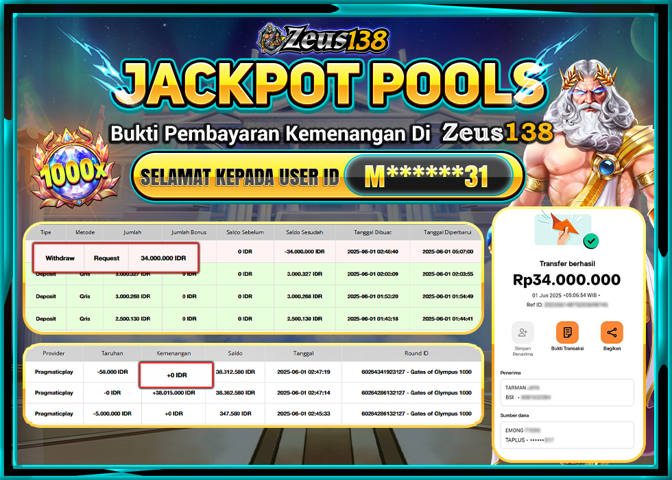 ZEUS138 GATES OF OLYMPUS 1000 Rp.34.000.000,- LUNAS