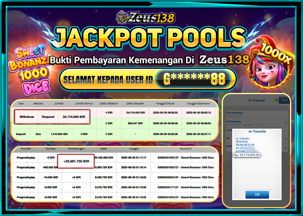 ZEUS138 SWEET BONANZA 1000 DICE Rp 34.174.000 LUNAS