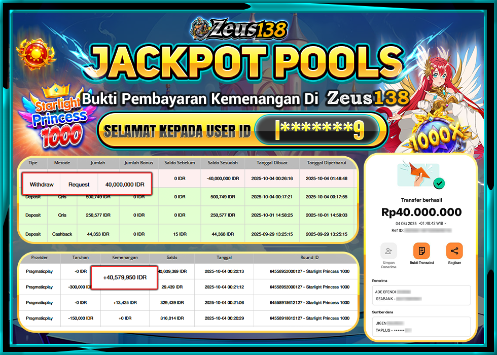 ZEUS138 STARLIGHT PRINCESS 1000 Rp 40.000.000 - LUNAS