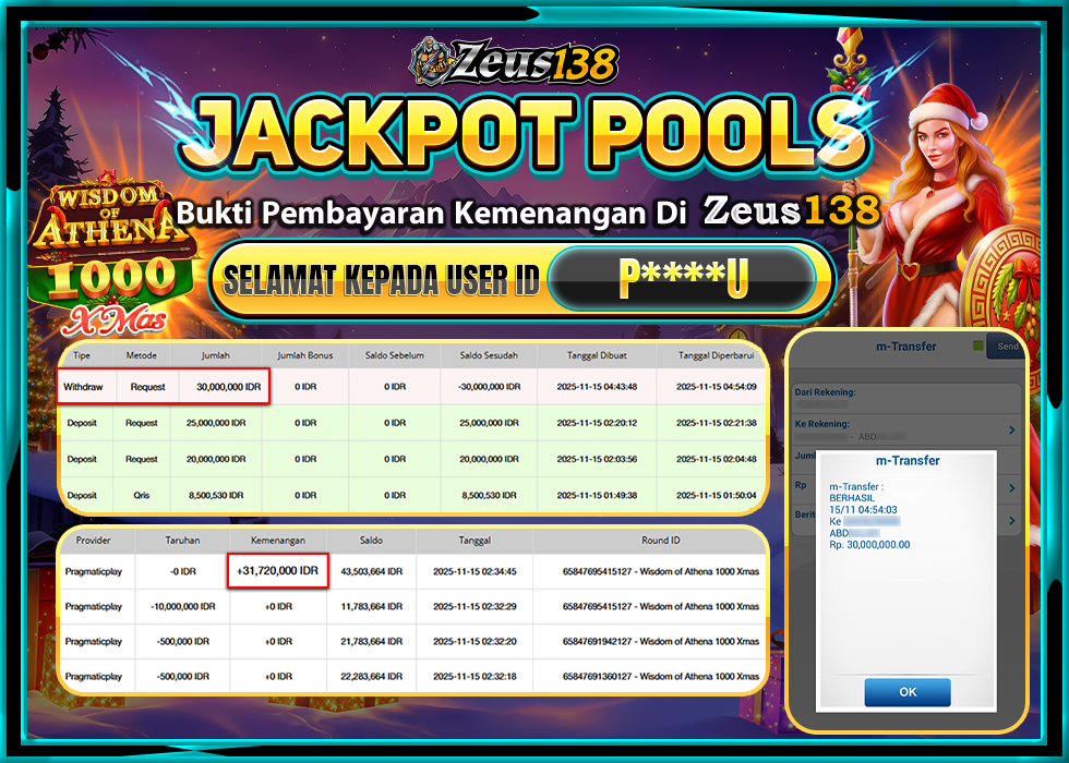 ZEUS138 WISDOM OF ATHENA 1000 XMAS Rp 30,000,000 LUNAS 