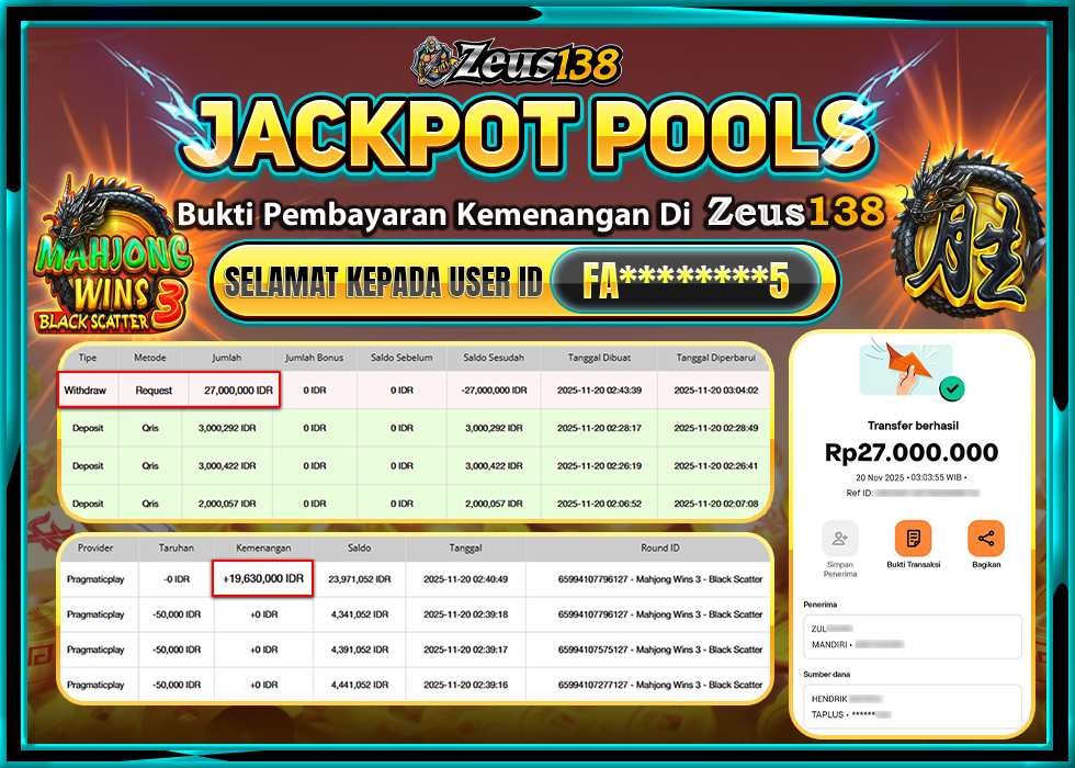 ZEUS138 MAHJONG WINS 3 BLACK SCATTER Rp 27,000,000