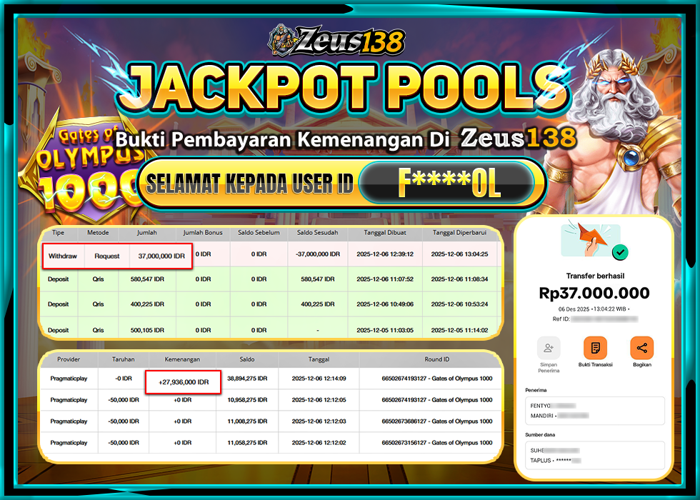 ZEUS138 GATES OF OLYMPUS 1000 Rp.37,000,000 LUNAS 