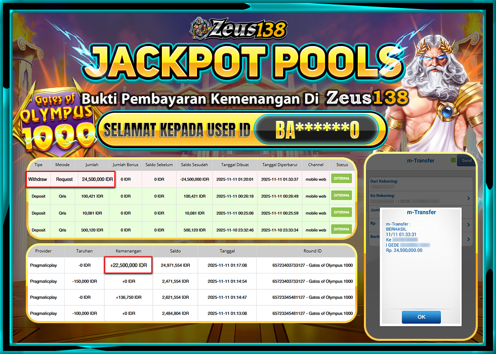 ZEUS138 GATES OF OLYMPUS 1000 Rp 24,500,000 LUNAS 
